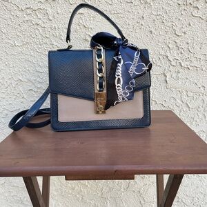 Aldo Top Handle Structured Purse Navy Blue/Taupe.